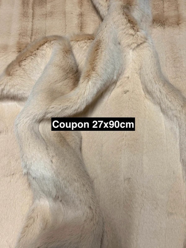 Coupon tissu fausse fourrure texturée effet rayures beige crème de qualité à poils mi-longs 27cm x 90cm