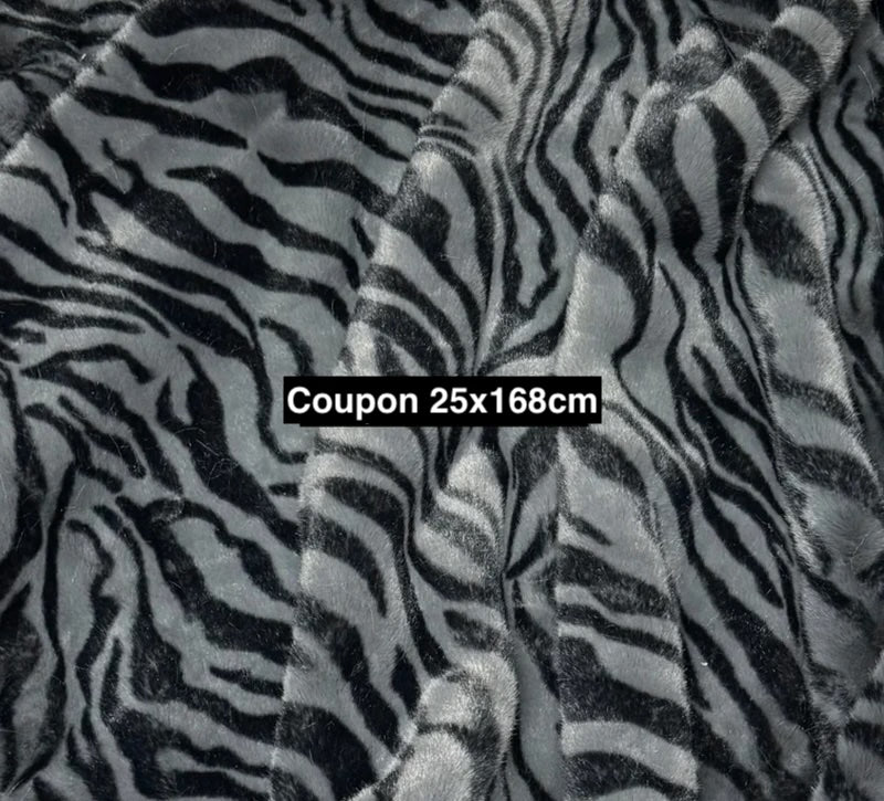 Coupon tissu fausse fourrure zébrée gris noir 25x168 cm – poils 1,5 cm