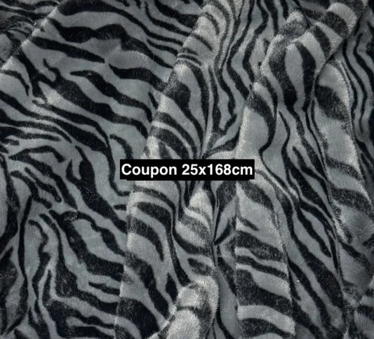 Grey and black zebra print faux fur fabric remnant 25x168 cm – 1.5 cm pile