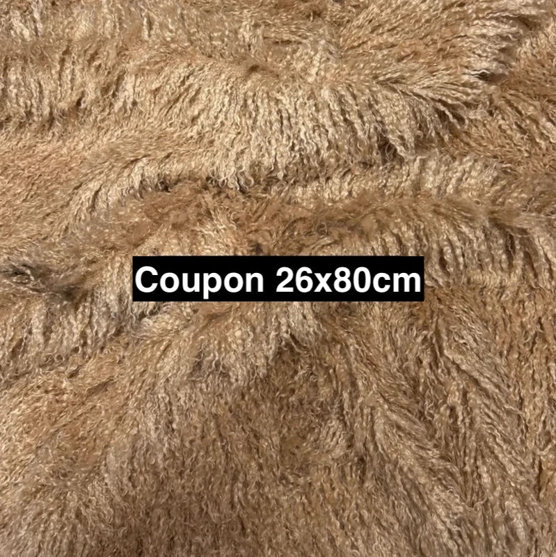 Coupon tissu fausse fourrure douce à poils longs frisé beige marron clair 26cmx80cm