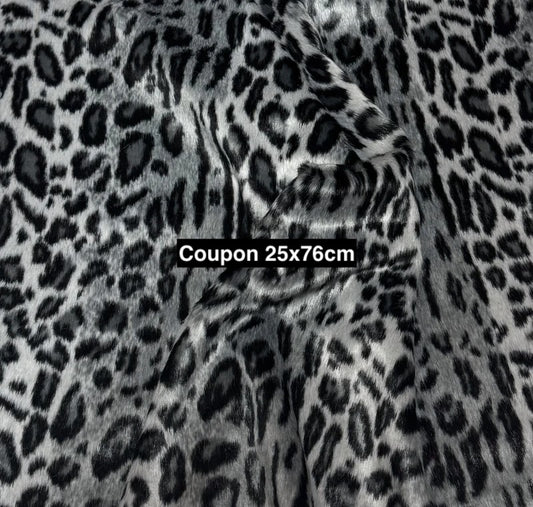Soft, lightweight short-pile faux fur fabric remnant, grey and black print, 25cm x 76cm