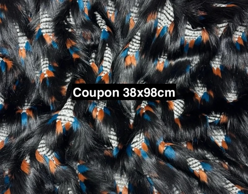 Coupon tissu fausse fourrure originale texturé à poils longs noir bleu marron 38cm x 98cm