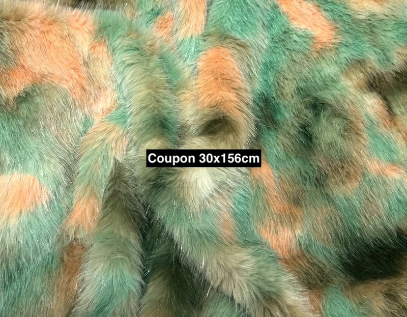 Coupon fausse fourrure multicolore vert kaki pêche 30 x 156 cm – poils 2,5 cm effet long