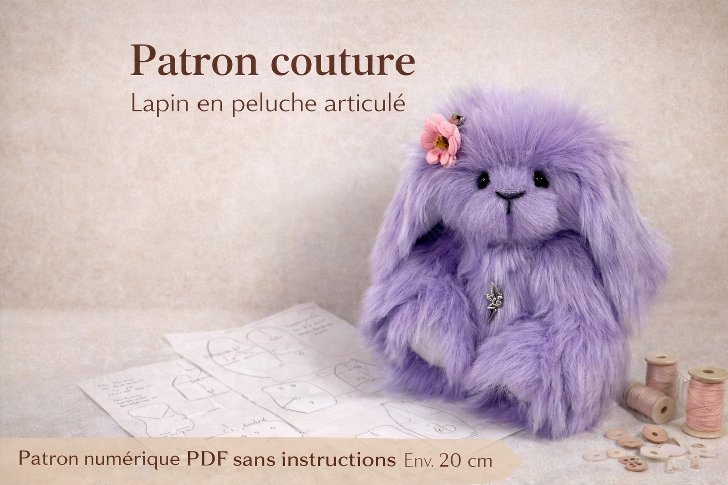 Patron couture lapine de collection 20 cm Violette — Lapin articulé | Patron PDF sans instructions
