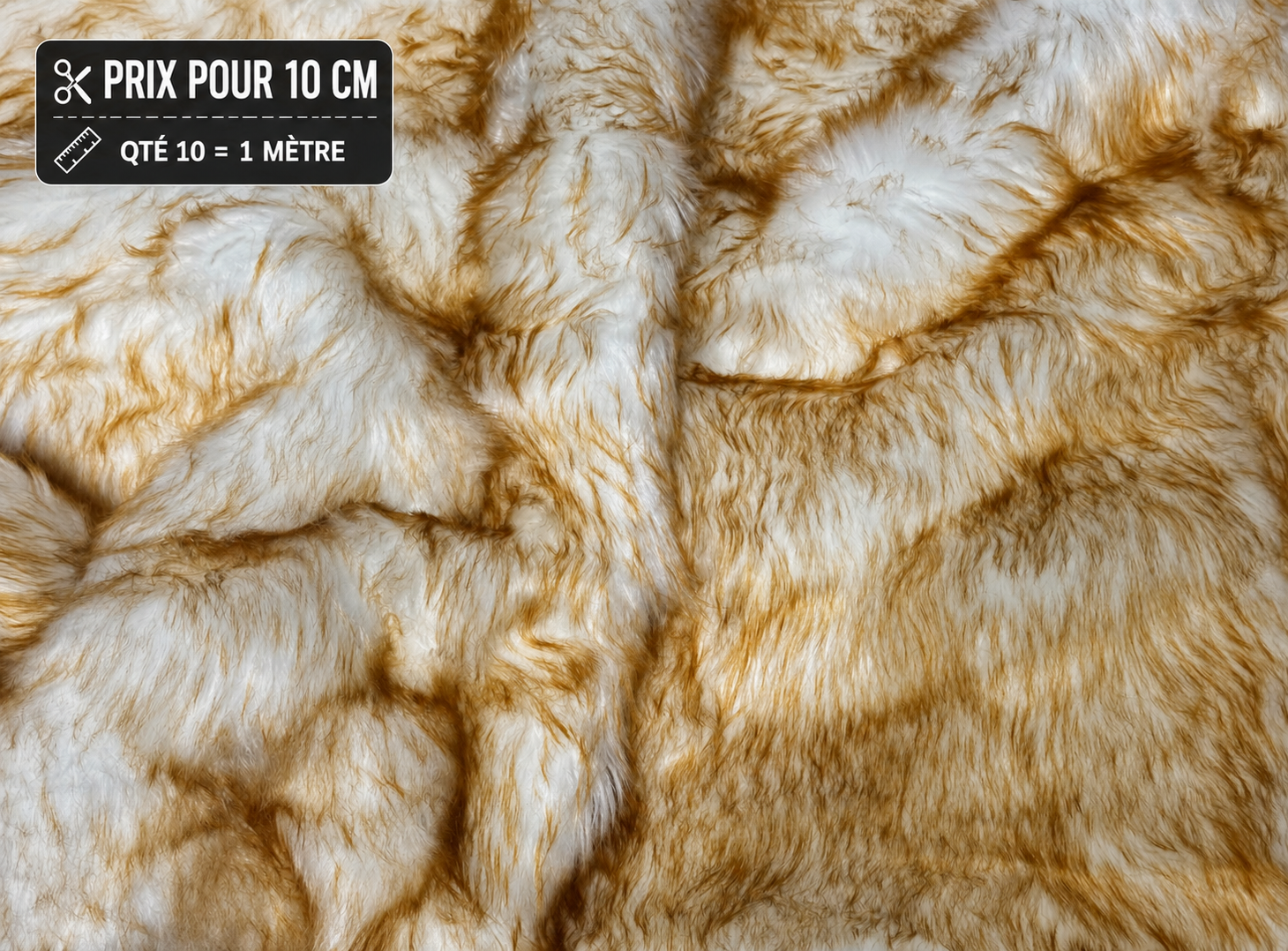 Fausse fourrure blanche et caramel poils longs 5 cm vendue à la coupe pour peluches et couture