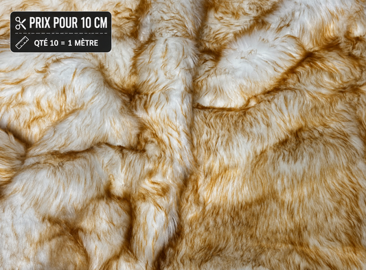 Fausse fourrure blanche et caramel poils longs 5 cm vendue à la coupe pour peluches et couture