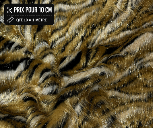 Fausse fourrure animal print camel noir poils longs 4 5 cm vendue à la coupe pour couture créative