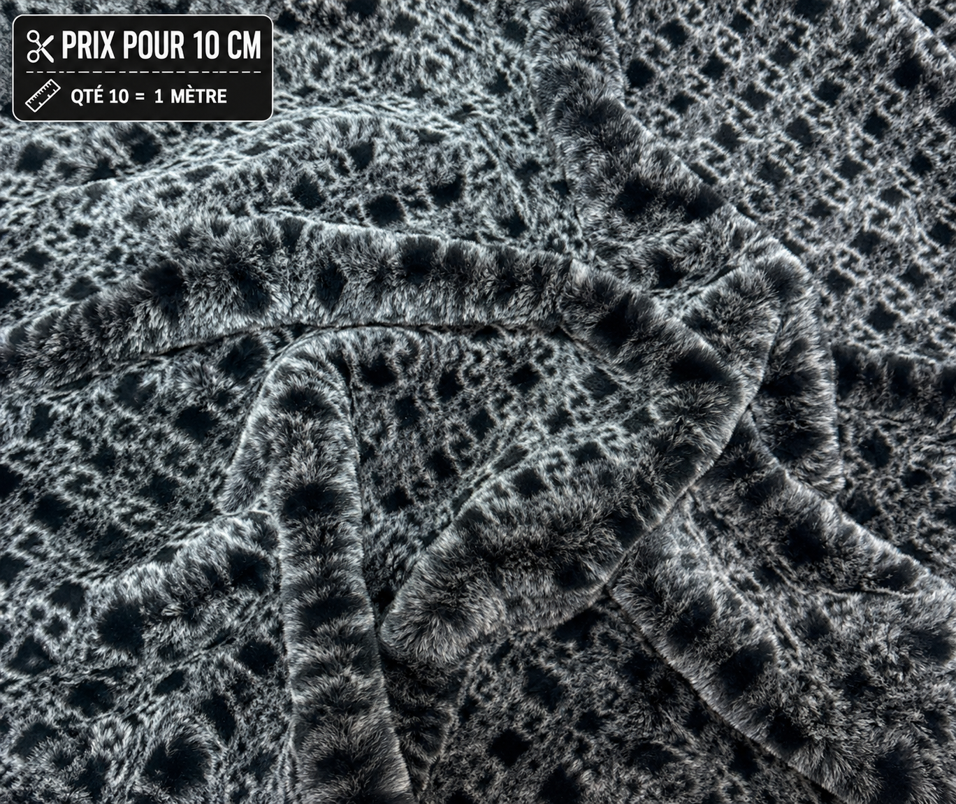 Fausse fourrure noire et grise motif animal à poils mi-longs 2 cm