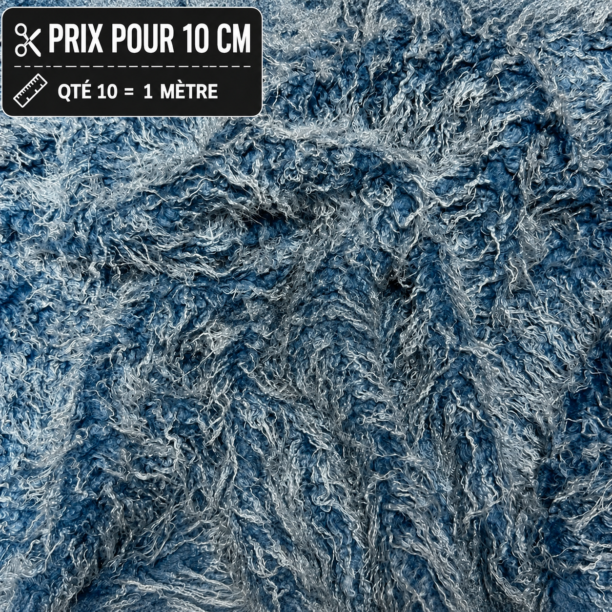Fausse fourrure bleue bouclée à longs poils 4 cm largeur 152 cm
