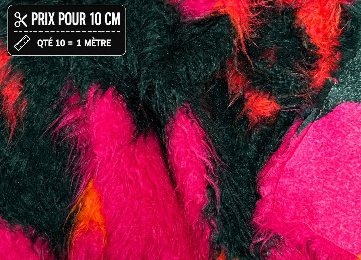 Fausse fourrure multicolore vert foncé fuchsia et orange à poils longs frisés 6 cm