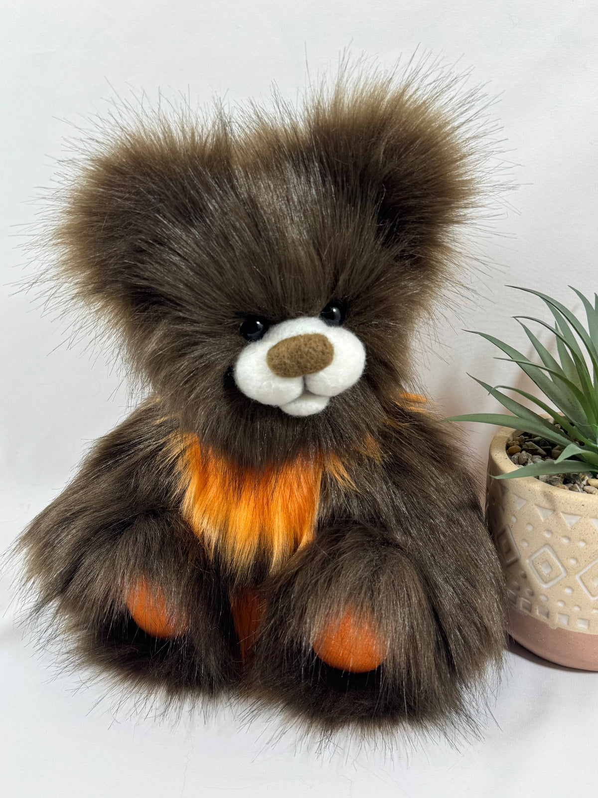 Cachou ours de collection brun et orange fait main 30 cm pièce unique
