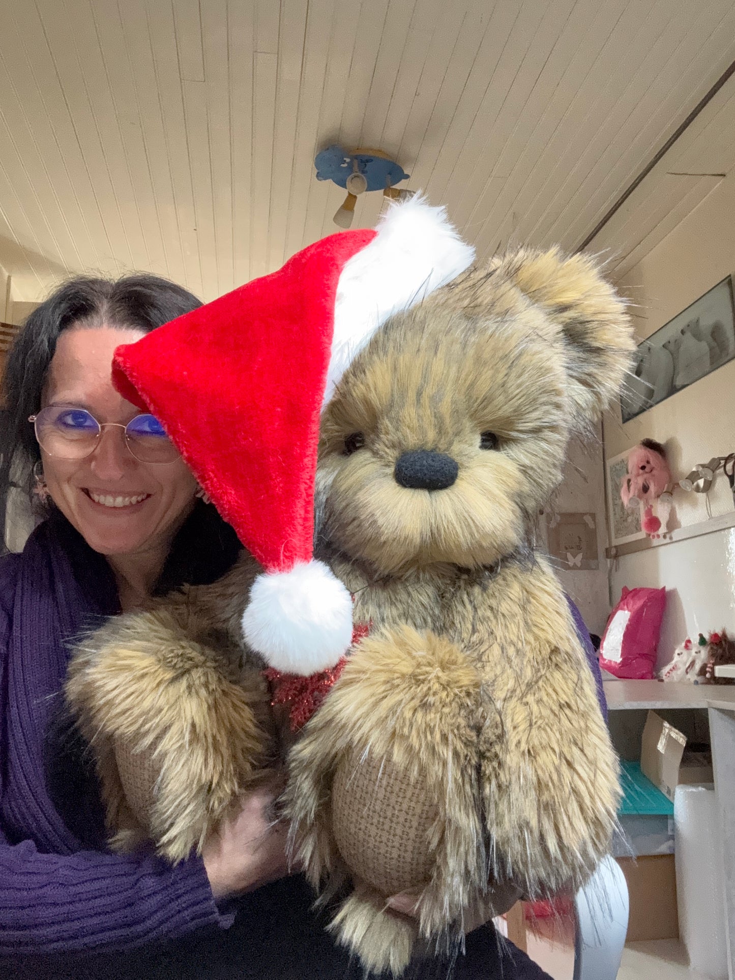 Ours de collection “Navidad” – 65 cm – Articulé à l’ancienne bois & métal – Pièce unique