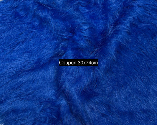 Coupon tissu fausse fourrure légère et vaporeuse à poils longs bleu roi 30cmx74cm