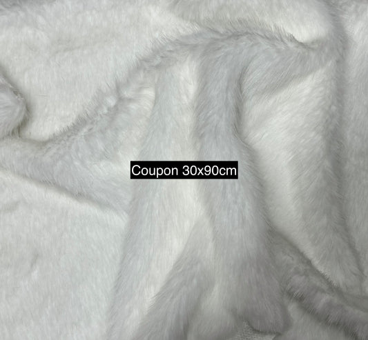 Coupon tissu fausse fourrure douce épaisse de qualité blanc à poils longs 30cm x 90cm