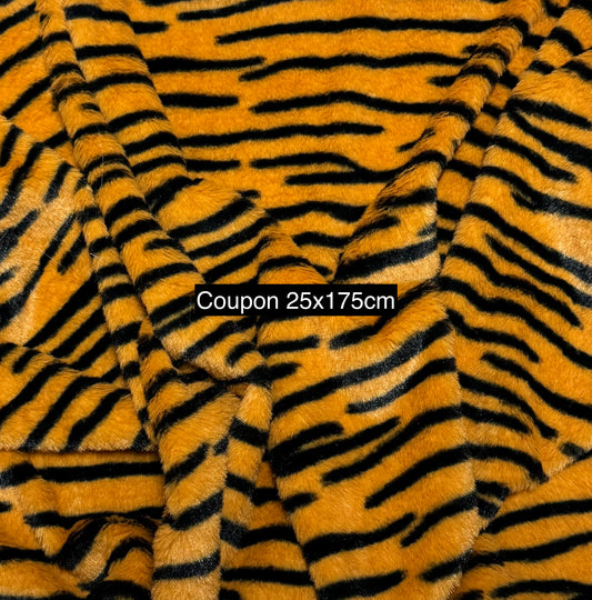 Coupon fausse fourrure tigre orange noir 25x175 cm – poils courts 0,5 cm – tissu couture peluche