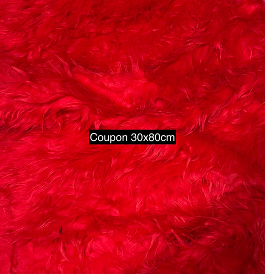 Original shaggy long pile red faux fur fabric remnant 30cm x 80cm