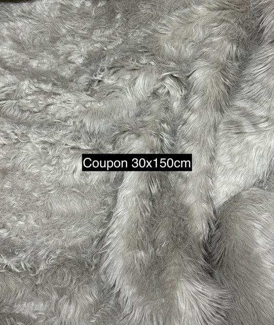 Coupon fausse fourrure gris clair ondulé 30x150 cm – poils longs ~5 cm
