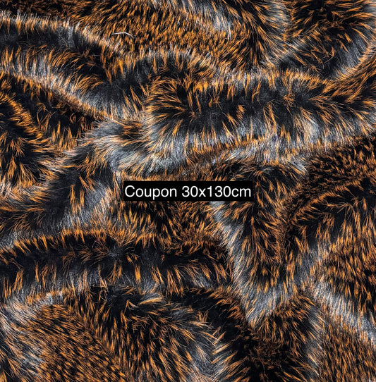 Coupon fausse fourrure noir à mèches orange 30x130 cm – poils ~3,5 cm