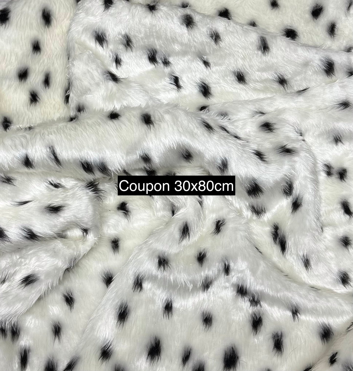 Coupon fausse fourrure blanche à pois noirs 30x80 cm 🧵 poils 1,5 cm