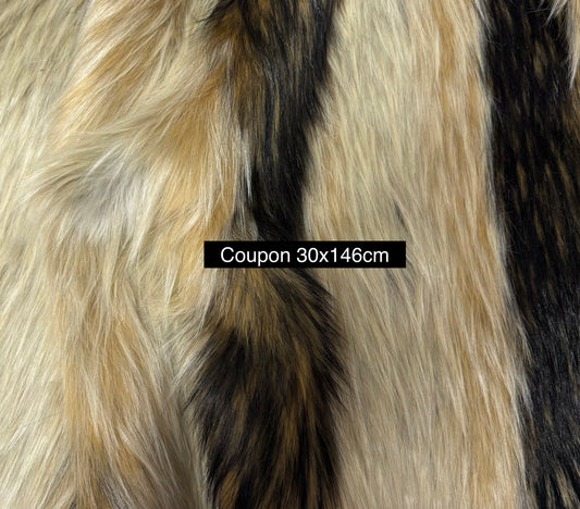 Coupon fausse fourrure luxe beige caramel mèches noires 30x146 cm