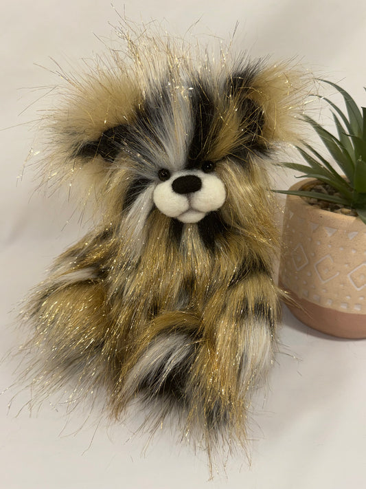Ours de collection Paillette 20 cm en fausse fourrure scintillante noire, crème et dorée