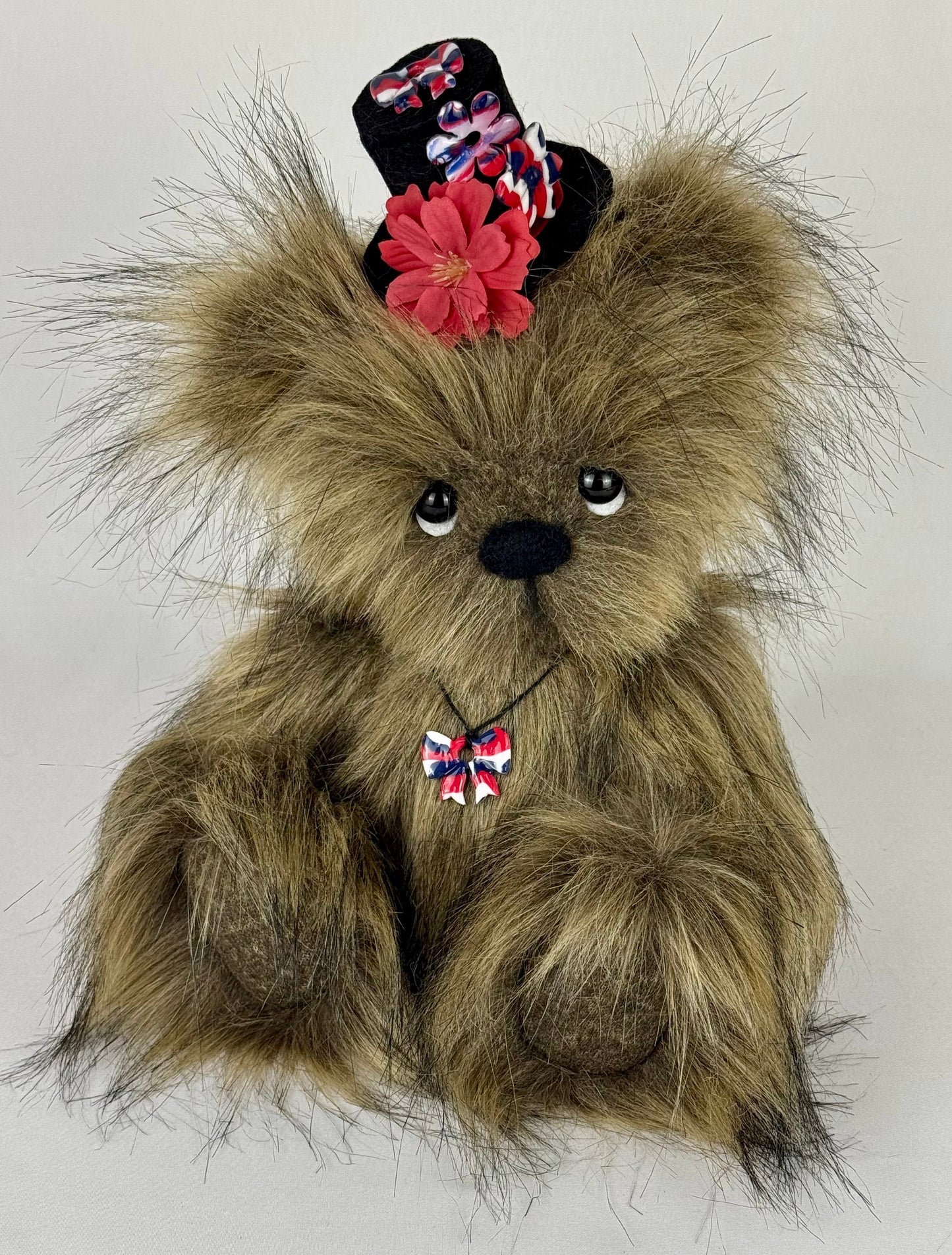 July – Ours en peluche de collection articulé 30 cm en fausse fourrure marron, yeux noirs, nez sculpté, fait main
