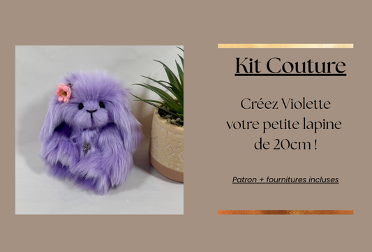 Kit Couture DIY – Violette la petite lapine mauve de 20 cm (patron + fournitures incluses)
