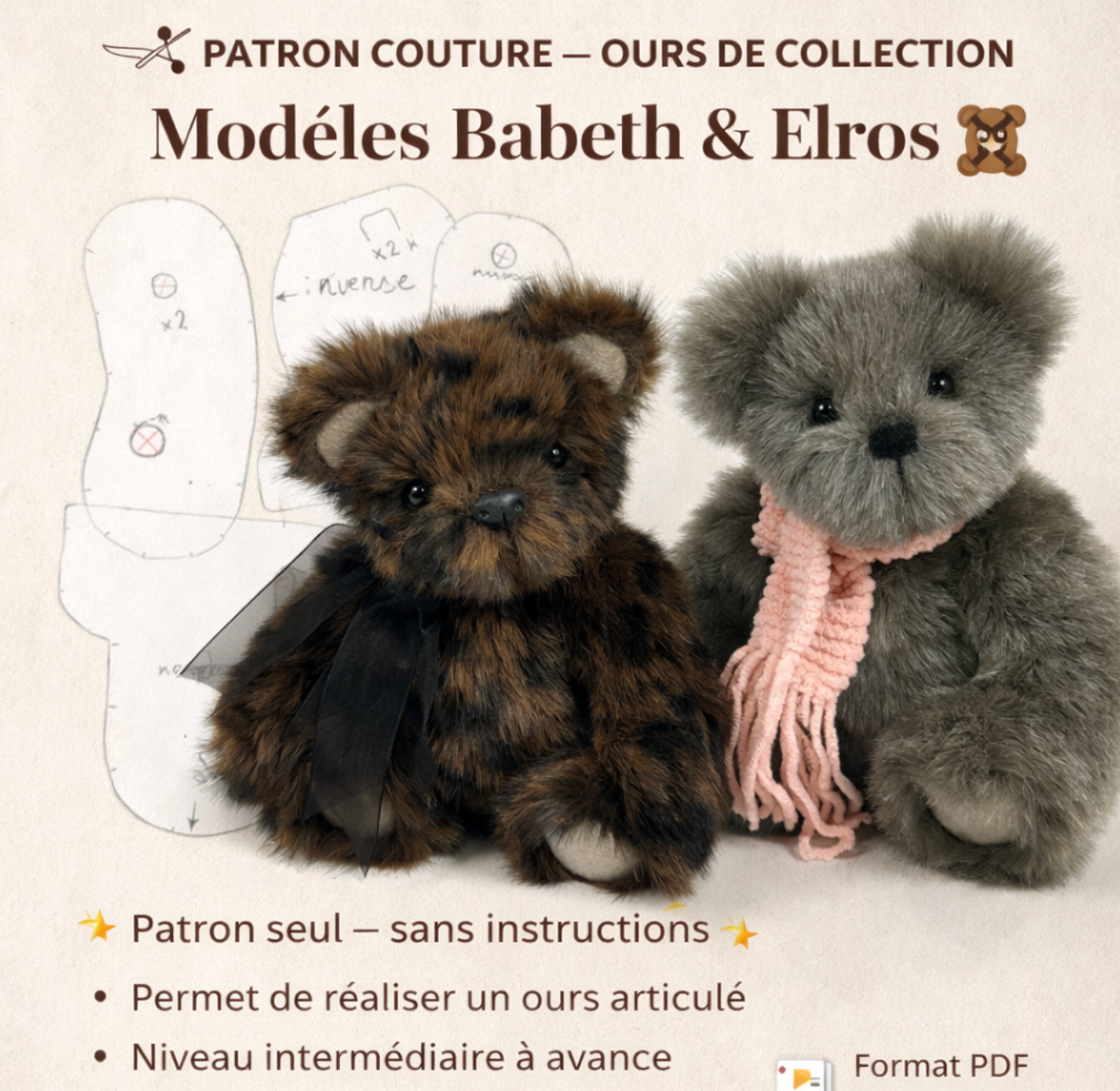 Patron couture ours de collection 20 cm Babeth & Elros — 1 patron pour 2 styles | PDF sans instructions