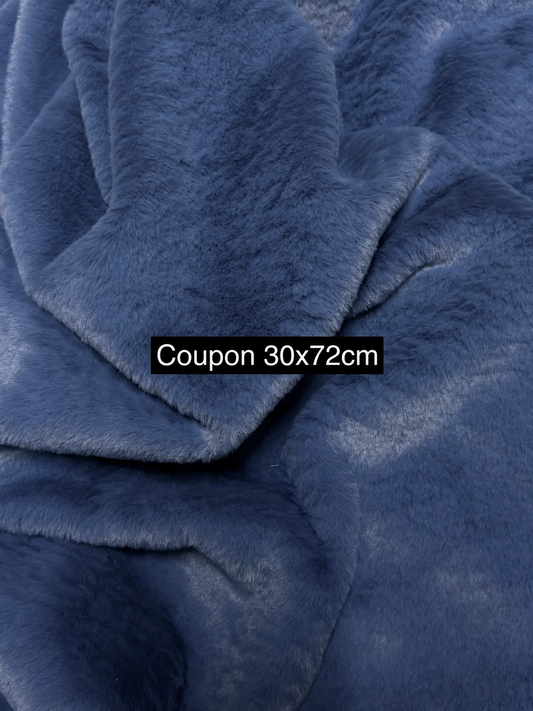 Coupon de fausse fourrure bleue très douce 30x72 cm, tissu à poils courts de 1 cm pour confection d'ours et de peluches.