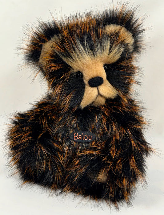Ours de collection articulé 30 cm Balou – fausse fourrure noire et rousse, pièce unique
