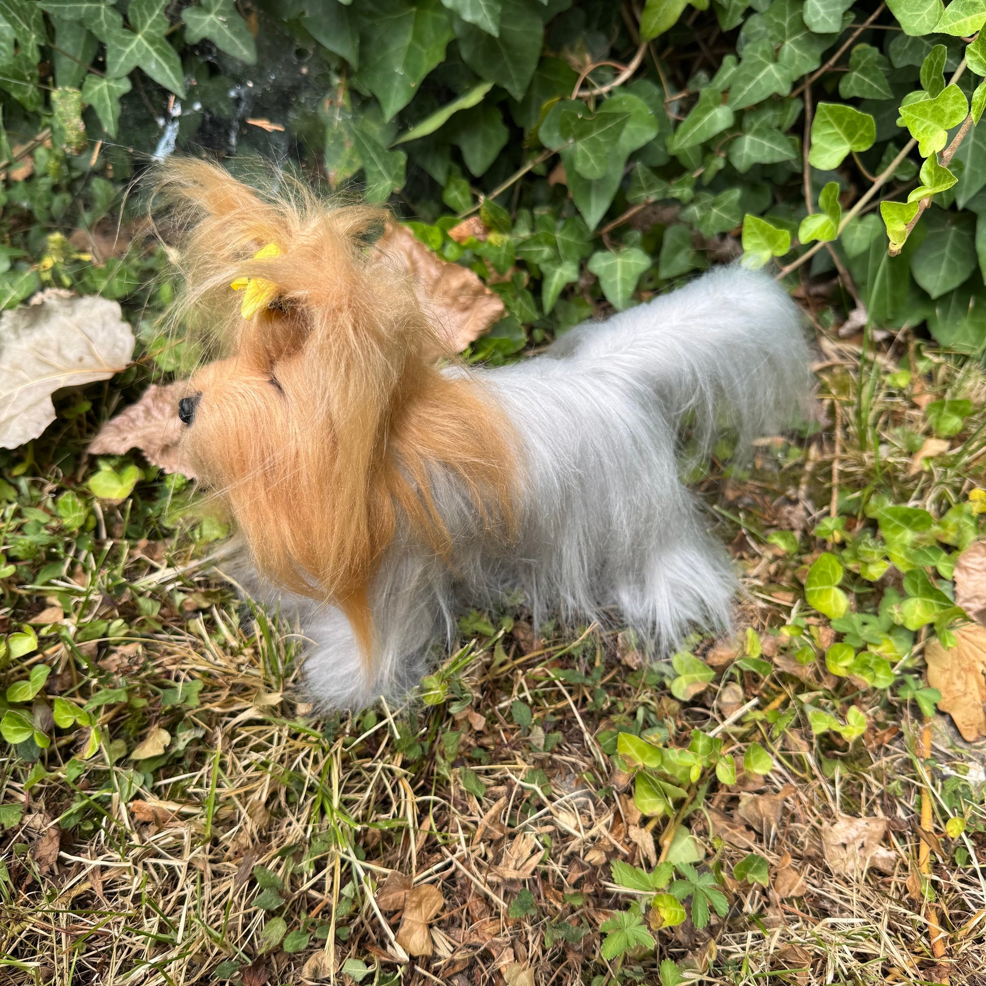 Vue rapprochée de la tête de la peluche Yorkshire réaliste Chanel
