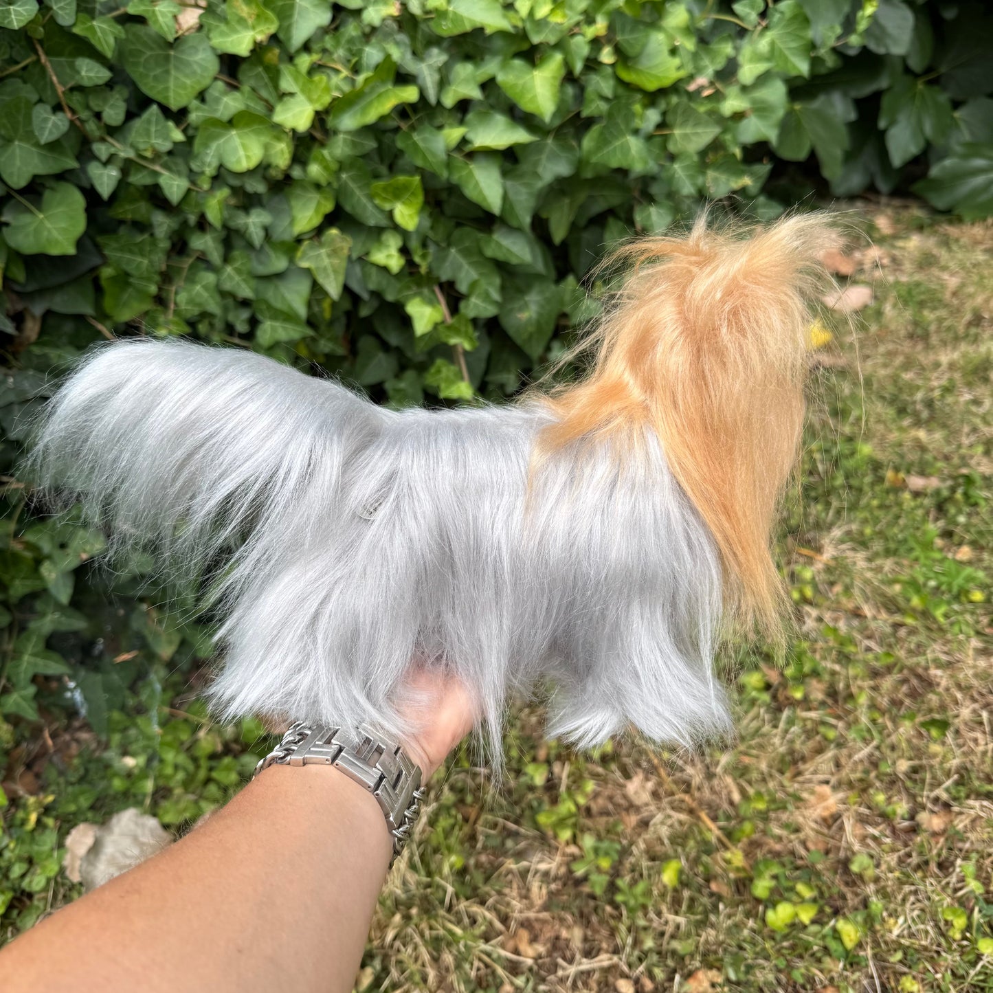 Peluche chien Yorkshire en fausse fourrure caramel et grise de profil