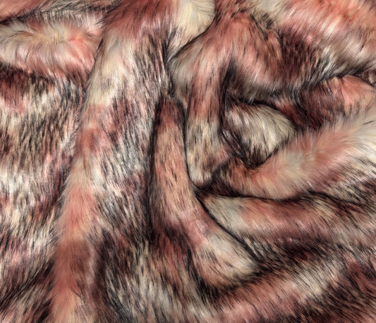 Fausse fourrure nuancée rose et beige, poils longs 4 à 5 cm, tissu synthétique premium largeur 157 cm