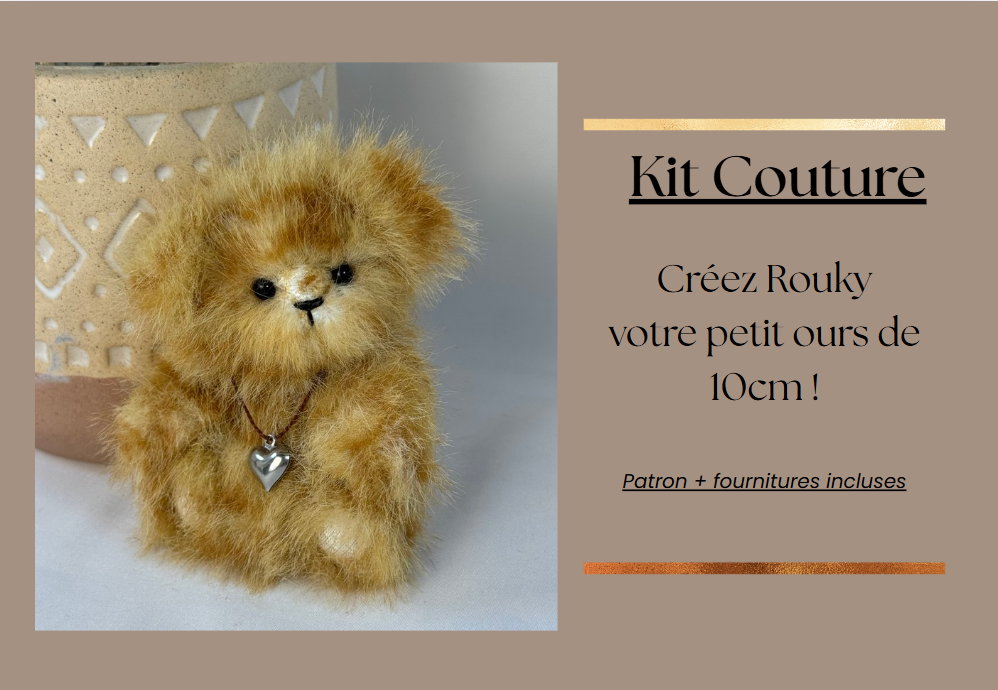 Kit couture complet pour créer le mini ours Rouky 10 cm en fausse fourrure avec patron et fournitures incluses